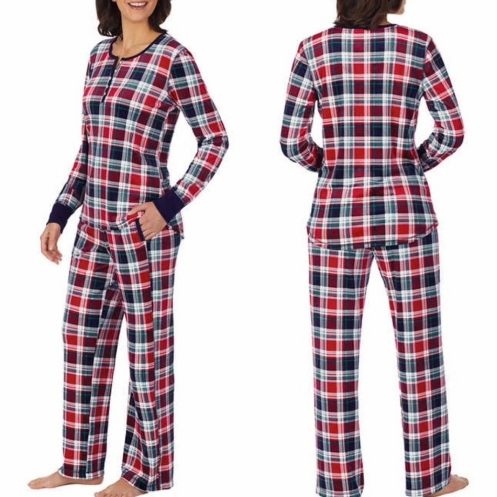 NWOT COZYNautical Long Sleeve Fleece Sleep Pajamas Set Red Blue Plaid Size Small
